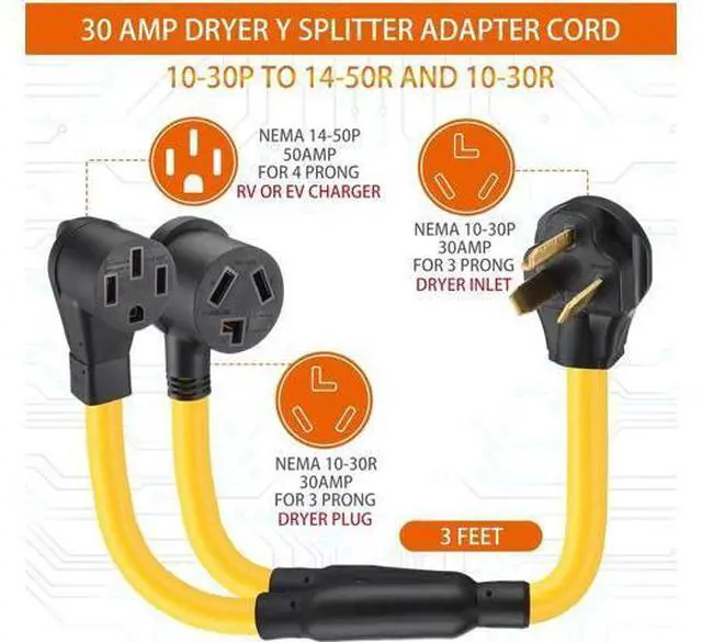 Alt view image 2 of 7 - 30-amp Y-splitter for RVs/EVs, compatible with NEMA 10-30P to 14-50R/10-30R adapters (3-pin 30A to 4-pin 50A), for EV/RV charging, STW 10 AWG, with safety ground wire, 3 feet