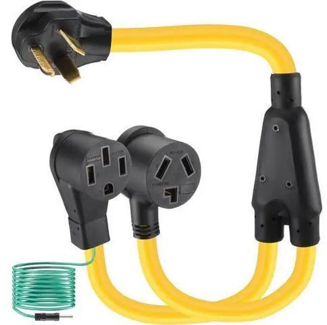 Main image of 30-amp Y-splitter for RVs/EVs, compatible with NEMA 10-30P to 14-50R/10-30R adapters (3-pin 30A to 4-pin 50A), for EV/RV charging, STW 10 AWG, with safety ground wire, 3 feet