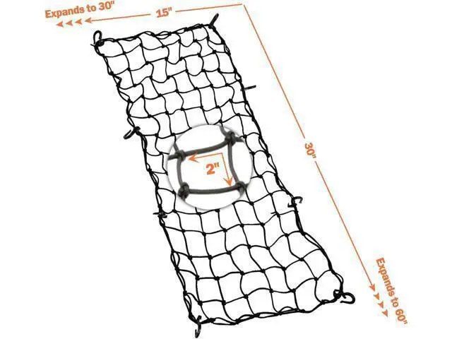 Alt view image 3 of 5 - Small cargo net 30" x 15", with thickened hooks that can be stretched to 60" x 30"| Natural latex core, tight 2" x 2" mesh heavy-duty bungee net, suitable for motorcycles, all-terrain vehicles, kayaks