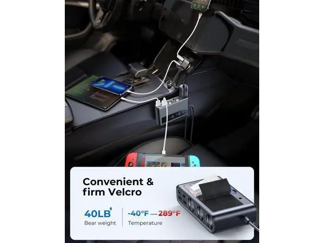 Alt view image 2 of 7 - 9-in-1 Cigarette Lighter Splitter, 210W Cigarette Lighter Adapter with PD/QC 3.0 * 2 Charging (3.3 ft. Cable), 12V/24V Individually Switched DC Cigarette Lighter Port Car Charger for All Automotive De