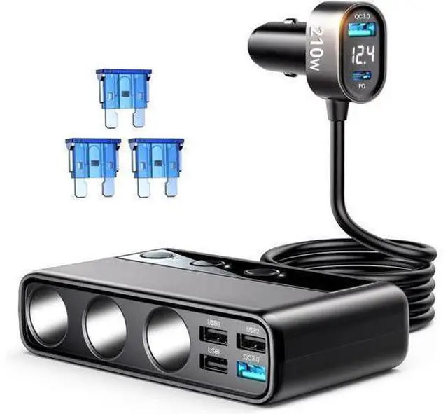 Main image of 9-in-1 Cigarette Lighter Splitter, 210W Cigarette Lighter Adapter with PD/QC 3.0 * 2 Charging (3.3 ft. Cable), 12V/24V Individually Switched DC Cigarette Lighter Port Car Charger for All Automotive De