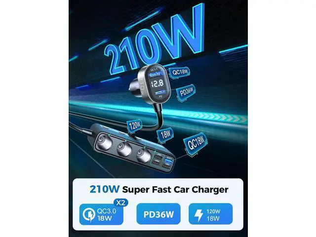 Alt view image 5 of 7 - 9-in-1 Cigarette Lighter Splitter, 210W Cigarette Lighter Adapter with PD/QC 3.0 * 2 Charging (3.3 ft. Cable), 12V/24V Individually Switched DC Cigarette Lighter Port Car Charger for All Automotive De