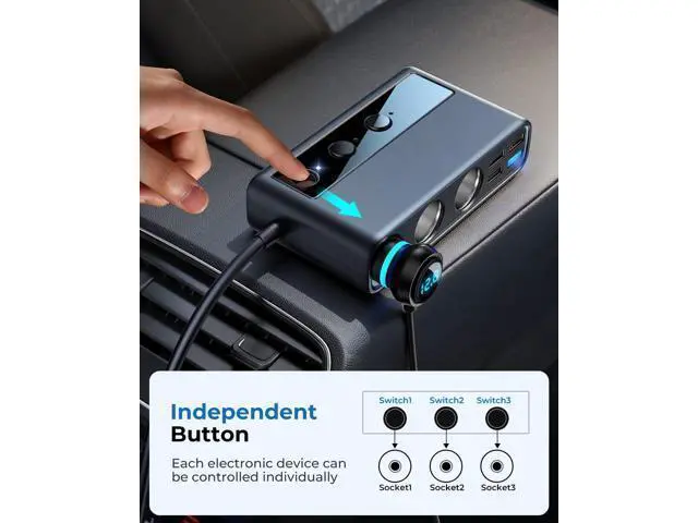 Alt view image 6 of 7 - 9-in-1 Cigarette Lighter Splitter, 210W Cigarette Lighter Adapter with PD/QC 3.0 * 2 Charging (3.3 ft. Cable), 12V/24V Individually Switched DC Cigarette Lighter Port Car Charger for All Automotive De