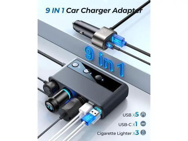 Alt view image 4 of 7 - 9-in-1 Cigarette Lighter Splitter, 210W Cigarette Lighter Adapter with PD/QC 3.0 * 2 Charging (3.3 ft. Cable), 12V/24V Individually Switched DC Cigarette Lighter Port Car Charger for All Automotive De