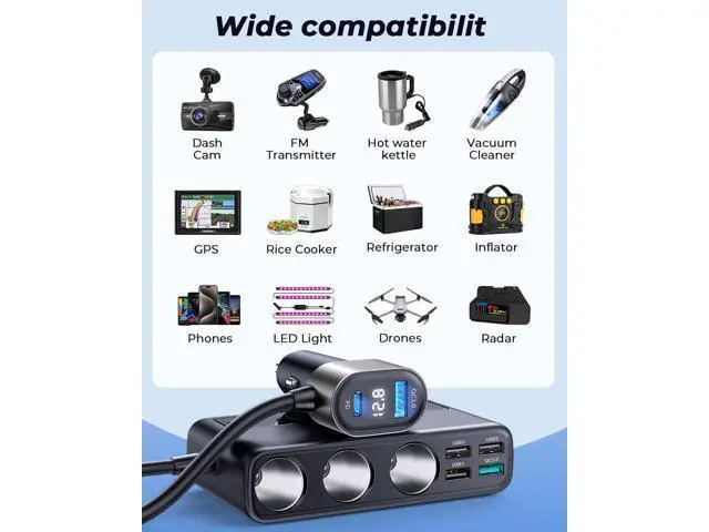 Alt view image 7 of 7 - 9-in-1 Cigarette Lighter Splitter, 210W Cigarette Lighter Adapter with PD/QC 3.0 * 2 Charging (3.3 ft. Cable), 12V/24V Individually Switched DC Cigarette Lighter Port Car Charger for All Automotive De