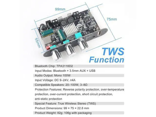 Alt view image 2 of 5 - ZK-1001U Mono Amplifier Board with TWS, 100W Power Output, Car Amplifier Wide Voltage Input 9-24V, Support USB/AUX/Bluetooth, Black