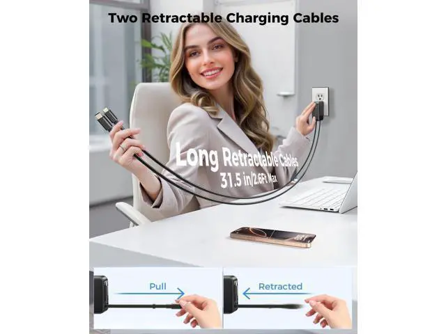 Alt view image 2 of 7 - 62W Retractable Wall Charger with Dual Cables, 3-Port USB Charger Block, 35W iPhone Charger Fast Charging for iPhone 16/15/14/13/12/11 Series, Tablets, LG, Samsung, and more!