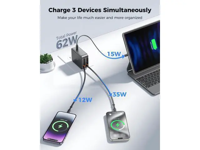 Alt view image 7 of 7 - 62W Retractable Wall Charger with Dual Cables, 3-Port USB Charger Block, 35W iPhone Charger Fast Charging for iPhone 16/15/14/13/12/11 Series, Tablets, LG, Samsung, and more!