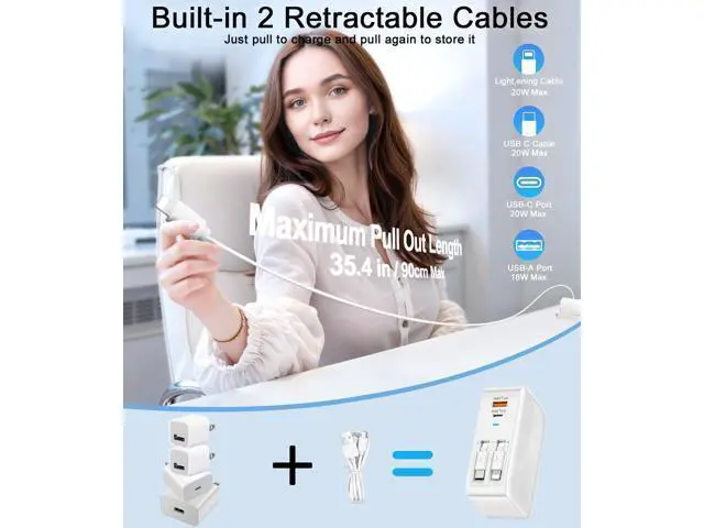 Alt view image 2 of 7 - 4-in-1 Retractable Wall Charger with Dual Cables, 40W Retractable Cell Phone Charger Wall Plug with Dual USB Ports, 20W USB C Charger Block Fast Charging for iPhone 17 16 15 14 13, LG, Galaxy S24 23,