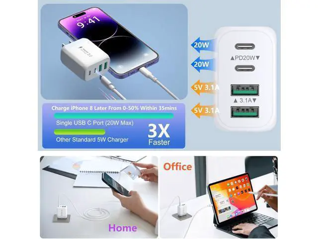 Alt view image 3 of 7 - USB C Charging Block, 2-Pack 40W 4-Port USB C Wall Charger Quick Charge Dual Port PD Power Adapter + QC Dual Wall Plug Multi-Port Type C Brick Charger for iPhone 16 15 14 13 12 11 Pro Max XS