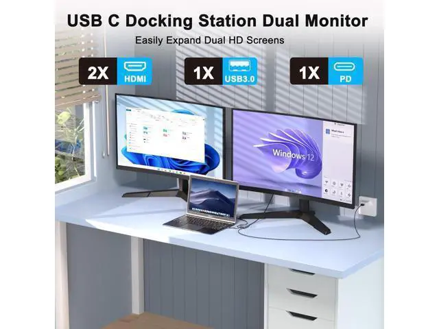 Alt view image 2 of 7 - Laptop Docking Station Dual Monitor, USB C Docking Station for Dell/HP/Lenovo/Mac, Dual HDMI Adapter for 2 Monitors, USB Type-C Hub with USB3.0/PD, USB C to Dual HDMI Adapter