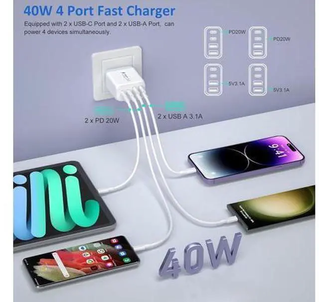 Alt view image 4 of 7 - USB C Charging Block, 2-Pack 40W 4-Port USB C Wall Charger Quick Charge Dual Port PD Power Adapter + QC Dual Wall Plug Multi-Port Type C Brick Charger for iPhone 16 15 14 13 12 11 Pro Max XS