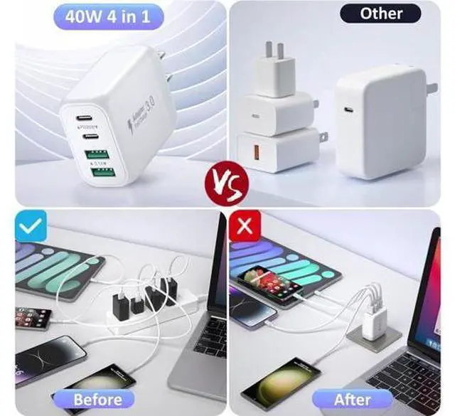 Alt view image 7 of 7 - USB C Charging Block, 2-Pack 40W 4-Port USB C Wall Charger Quick Charge Dual Port PD Power Adapter + QC Dual Wall Plug Multi-Port Type C Brick Charger for iPhone 16 15 14 13 12 11 Pro Max XS