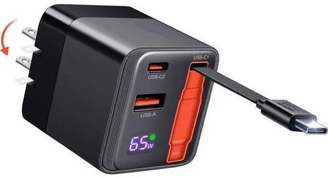 Main image of 65W retractable wall charger, USB C charger block, built-in Type C cable and dual ports, PD PPS fast charging, GaN power adapter, travel charger for MacBook, Lenovo IdeaPad, iPhone 16 Pro Max, Galaxy