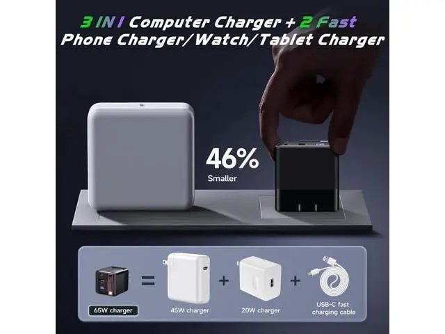 Alt view image 7 of 7 - 65W retractable wall charger, USB C charger block, built-in Type C cable and dual ports, PD PPS fast charging, GaN power adapter, travel charger for MacBook, Lenovo IdeaPad, iPhone 16 Pro Max, Galaxy
