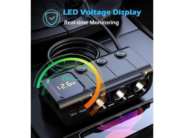 Alt view image 3 of 7 - 8-in-1 Cigarette Lighter Splitter, 3-Socket Car Charger Adapter, Type-C QC3.0 PD36W Dual USB Charger Ports, Car 12V / 24V Plug Socket with Individual Switch, LED Voltmeter (3.3FT Cable)