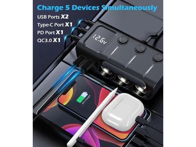 Alt view image 2 of 7 - 8-in-1 Cigarette Lighter Splitter, 3-Socket Car Charger Adapter, Type-C QC3.0 PD36W Dual USB Charger Ports, Car 12V / 24V Plug Socket with Individual Switch, LED Voltmeter (3.3FT Cable)