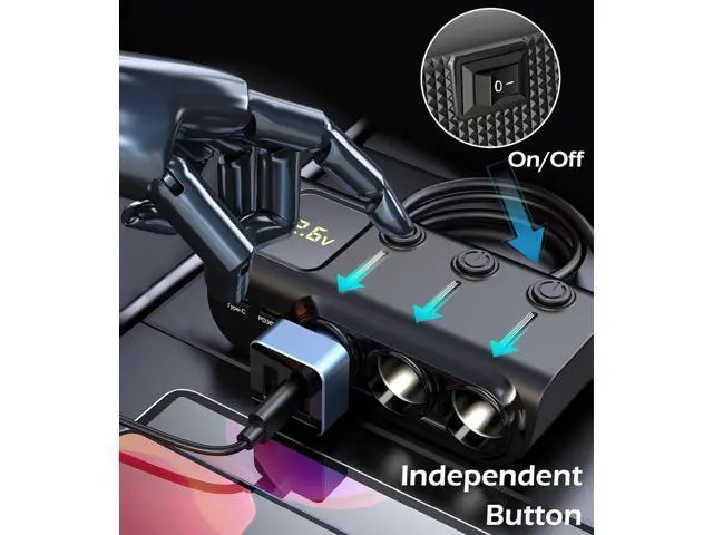 Alt view image 5 of 7 - 8-in-1 Cigarette Lighter Splitter, 3-Socket Car Charger Adapter, Type-C QC3.0 PD36W Dual USB Charger Ports, Car 12V / 24V Plug Socket with Individual Switch, LED Voltmeter (3.3FT Cable)