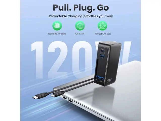 Alt view image 2 of 7 - USB C Charger Block 120W, Built-in 2 Retractable Cables, 4-in-1 GaN IV Charger Fast Charging Foldable Plug Wall Charger, PD 65W Laptop Charger for MacBook, iPad, iPhone 16/15/14, Galaxy S25, Android a