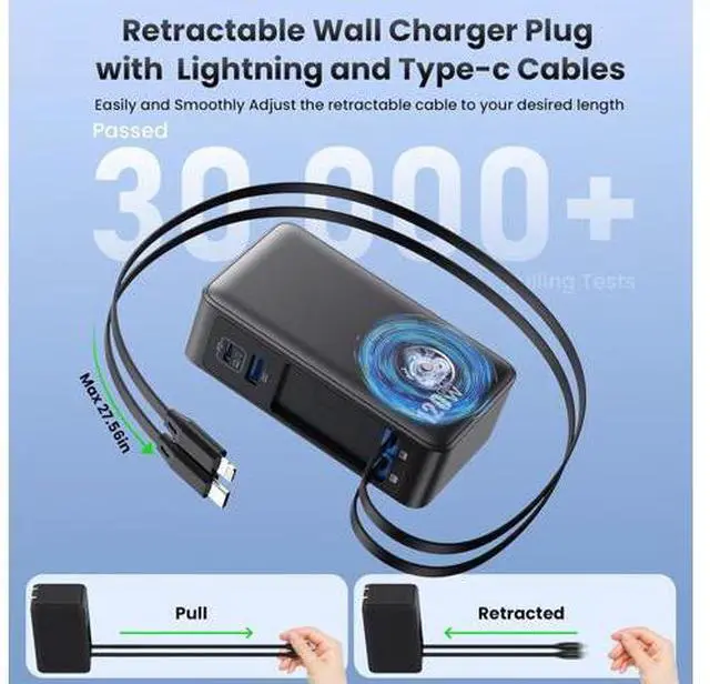 Alt view image 4 of 7 - USB C Charger Block 120W, Built-in 2 Retractable Cables, 4-in-1 GaN IV Charger Fast Charging Foldable Plug Wall Charger, PD 65W Laptop Charger for MacBook, iPad, iPhone 16/15/14, Galaxy S25, Android a
