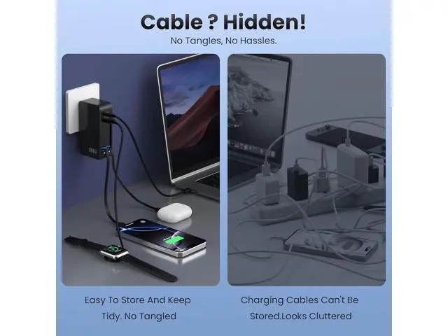 Alt view image 7 of 7 - USB C Charger Block 120W, Built-in 2 Retractable Cables, 4-in-1 GaN IV Charger Fast Charging Foldable Plug Wall Charger, PD 65W Laptop Charger for MacBook, iPad, iPhone 16/15/14, Galaxy S25, Android a