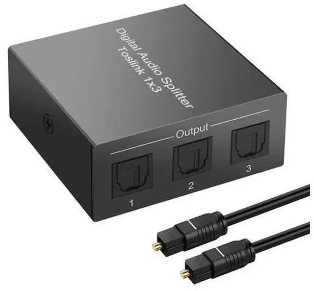 Main image of 3-Port Toslink Splitter with Fiber Optic Cables (1 in 3 out) Premium Digital Fiber Optic Audio Splitter Aluminum SPDIF Toslink Fiber Optic Audio Splitter Dolby Digital DTS 5.1 PCM Stereo Support LPCM