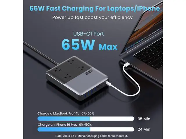 Alt view image 2 of 7 - 12-in-1 Charging Station USB-C Power Panel with 5-foot Power Cord and Plug, 200W GaN IV USB-C Charger Block, 4 AC Power Outlets, 4 USB-A, 4 USB-C Compatible with MacBook, iPhone 16/15/14, Office, Home