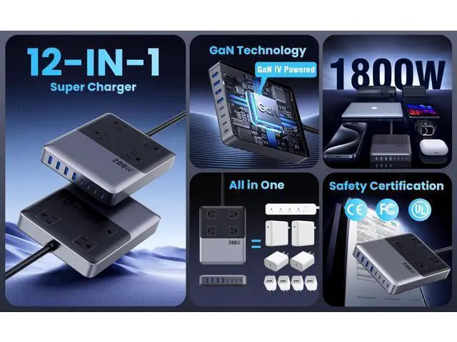 Alt view image 4 of 7 - 12-in-1 Charging Station USB-C Power Panel with 5-foot Power Cord and Plug, 200W GaN IV USB-C Charger Block, 4 AC Power Outlets, 4 USB-A, 4 USB-C Compatible with MacBook, iPhone 16/15/14, Office, Home