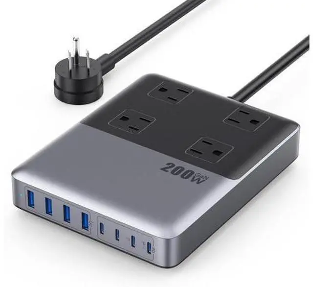 Main image of 12-in-1 Charging Station USB-C Power Panel with 5-foot Power Cord and Plug, 200W GaN IV USB-C Charger Block, 4 AC Power Outlets, 4 USB-A, 4 USB-C Compatible with MacBook, iPhone 16/15/14, Office, Home