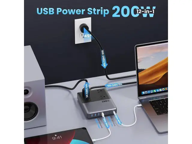 Alt view image 3 of 7 - 12-in-1 Charging Station USB-C Power Panel with 5-foot Power Cord and Plug, 200W GaN IV USB-C Charger Block, 4 AC Power Outlets, 4 USB-A, 4 USB-C Compatible with MacBook, iPhone 16/15/14, Office, Home