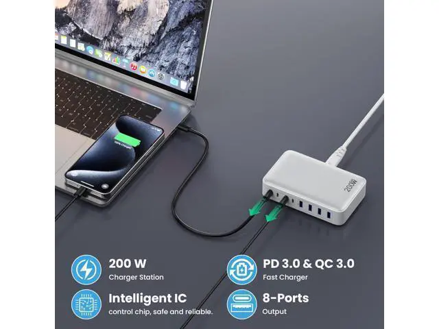 Alt view image 4 of 7 - USB-C Charger 200W USB-C Charger Block, Upgraded GaN III 8-Port Fast Charging Station Hub, PD 65W Laptop Charging Adapter Compatible with MacBook Pro/Air, Dell, Steam Deck, iPhone 16/15/14, Galaxy S23