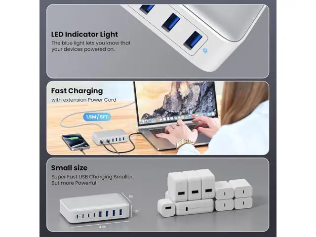 Alt view image 3 of 7 - USB-C Charger 200W USB-C Charger Block, Upgraded GaN III 8-Port Fast Charging Station Hub, PD 65W Laptop Charging Adapter Compatible with MacBook Pro/Air, Dell, Steam Deck, iPhone 16/15/14, Galaxy S23