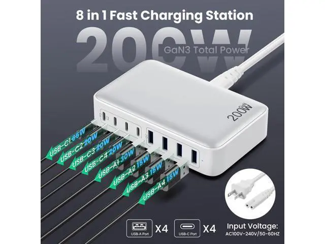 Alt view image 2 of 7 - USB-C Charger 200W USB-C Charger Block, Upgraded GaN III 8-Port Fast Charging Station Hub, PD 65W Laptop Charging Adapter Compatible with MacBook Pro/Air, Dell, Steam Deck, iPhone 16/15/14, Galaxy S23