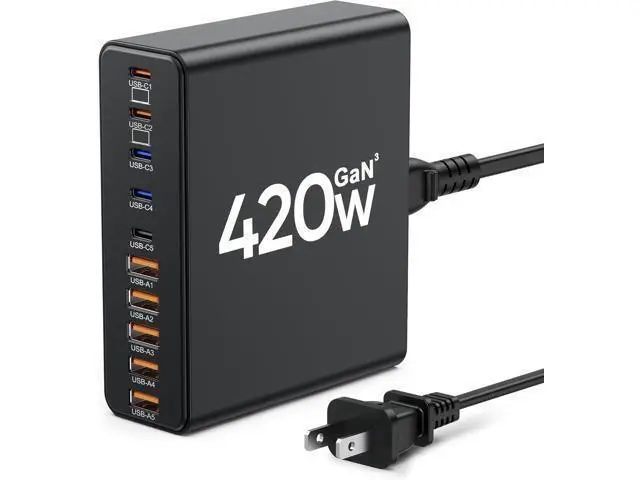 Main image of 420W USB-C Charger Block, 10-Port Charging Station GaN Fast Charging C-Type and USB-A Wall Charger Adapter, Compatible with MacBook Pro/Air, iPhone, iPad, Dell XPS, Samsung Galaxy (Black)