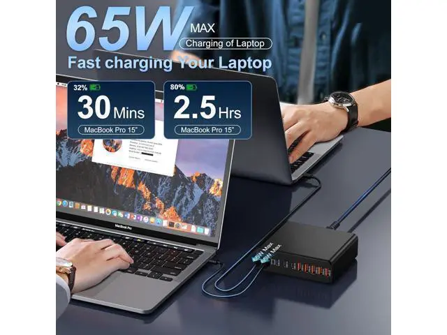 Alt view image 6 of 6 - 420W USB-C Charger Block, 10-Port Charging Station GaN Fast Charging C-Type and USB-A Wall Charger Adapter, Compatible with MacBook Pro/Air, iPhone, iPad, Dell XPS, Samsung Galaxy (Black)