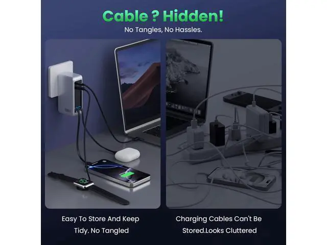 Alt view image 5 of 7 - 120W USB C Charger Block with 2 Built-in Retractable Cables, 4-in-1 GaN IV Foldable Plug Wall Charger Rapid Charging Station, PD 65W Laptop Adapter for Macbook/iPad, iPhone 16/15/14, Galaxy S24, Andro