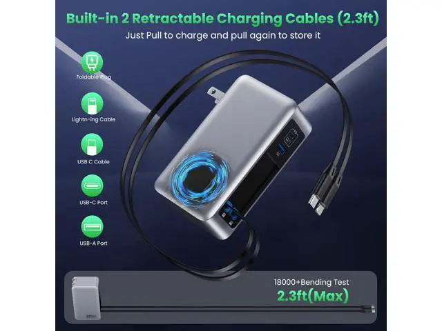 Alt view image 2 of 7 - 120W USB C Charger Block with 2 Built-in Retractable Cables, 4-in-1 GaN IV Foldable Plug Wall Charger Rapid Charging Station, PD 65W Laptop Adapter for Macbook/iPad, iPhone 16/15/14, Galaxy S24, Andro