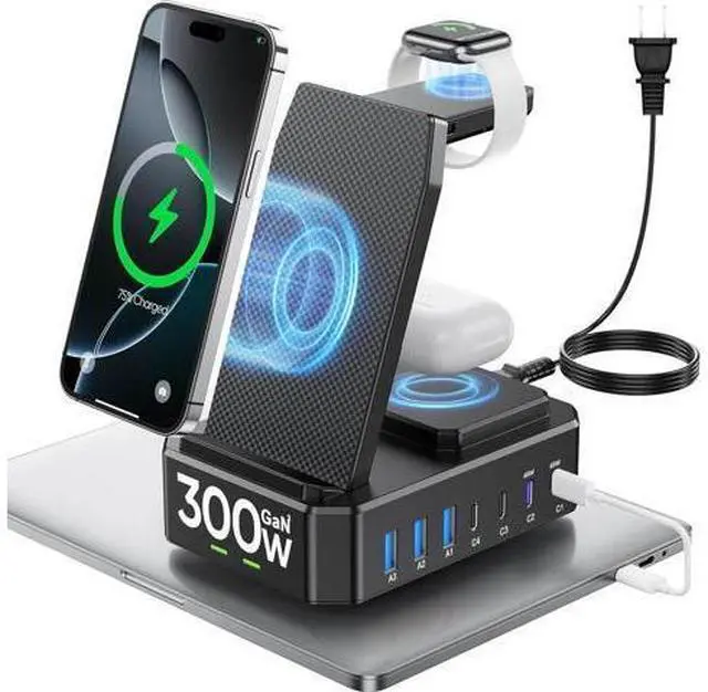 Main image of 300W charging station for multi-device Apple, 10-in-1 wireless charger for iPhone, GaN III USB C 65W PD fast charging cradle base for MacBook, iWatch and Airpods (Apple only)