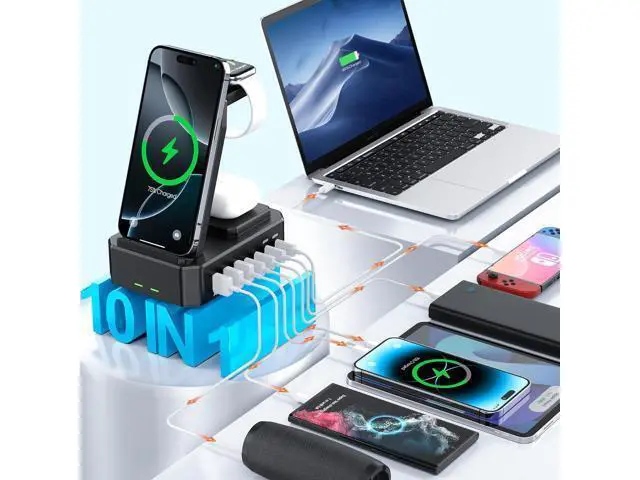 Alt view image 4 of 6 - 300W charging station for multi-device Apple, 10-in-1 wireless charger for iPhone, GaN III USB C 65W PD fast charging cradle base for MacBook, iWatch and Airpods (Apple only)