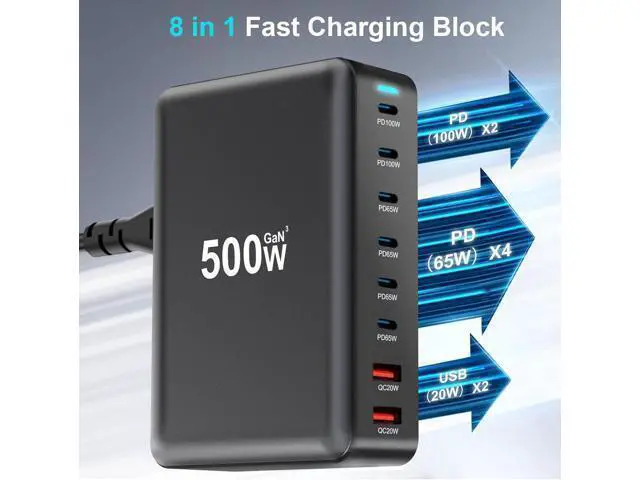 Alt view image 2 of 7 - 500W USB C Fast Charger Block, 8-Port USB Charging Station, GaN III. Pro Dual 100W PD PPS Port Fast Charging Station for Multiple Devices, Laptop Wall Charger Compatible with MacBook/iPhone 16/iPad an