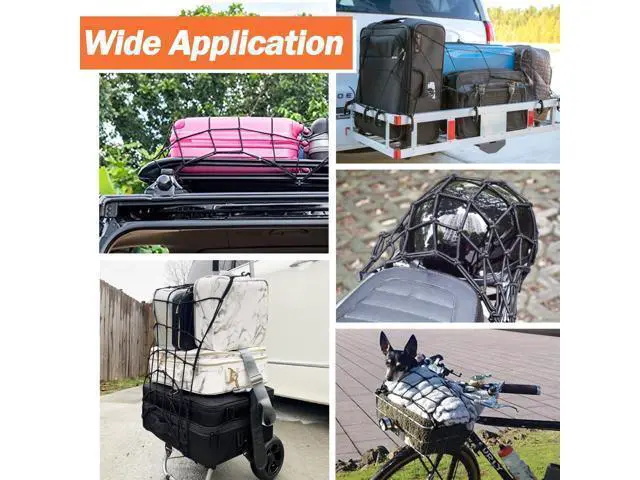 Alt view image 2 of 5 - Small cargo net 30" x 15", with thickened hooks that can be stretched to 60" x 30"| Natural latex core, tight 2" x 2" mesh heavy-duty bungee net, suitable for motorcycles, all-terrain vehicles, kayaks