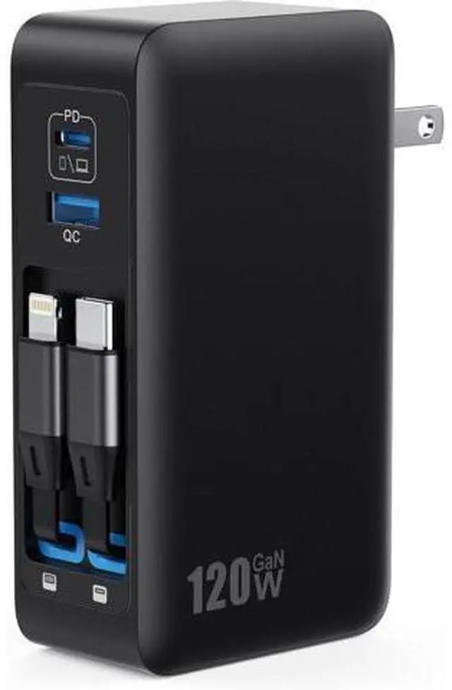 Main image of USB C Charger Block 120W, Built-in 2 Retractable Cables, 4-in-1 GaN IV Charger Fast Charging Foldable Plug Wall Charger, PD 65W Laptop Charger for MacBook, iPad, iPhone 16/15/14, Galaxy S25, Android a