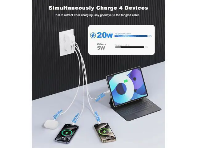 Alt view image 5 of 7 - 4-in-1 Retractable Wall Charger with Dual Cables, 40W Retractable Cell Phone Charger Wall Plug with Dual USB Ports, 20W USB C Charger Block Fast Charging for iPhone 17 16 15 14 13, LG, Galaxy S24 23,