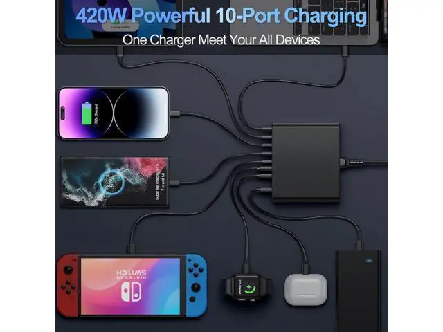 Alt view image 2 of 6 - 420W USB-C Charger Block, 10-Port Charging Station GaN Fast Charging C-Type and USB-A Wall Charger Adapter, Compatible with MacBook Pro/Air, iPhone, iPad, Dell XPS, Samsung Galaxy (Black)