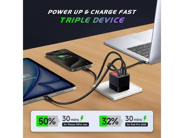 Alt view image 2 of 7 - 65W retractable wall charger, USB C charger block, built-in Type C cable and dual ports, PD PPS fast charging, GaN power adapter, travel charger for MacBook, Lenovo IdeaPad, iPhone 16 Pro Max, Galaxy