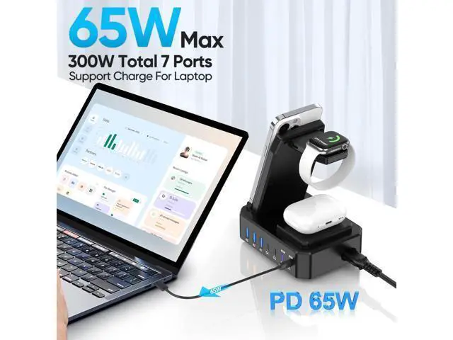 Alt view image 2 of 6 - 300W charging station for multi-device Apple, 10-in-1 wireless charger for iPhone, GaN III USB C 65W PD fast charging cradle base for MacBook, iWatch and Airpods (Apple only)