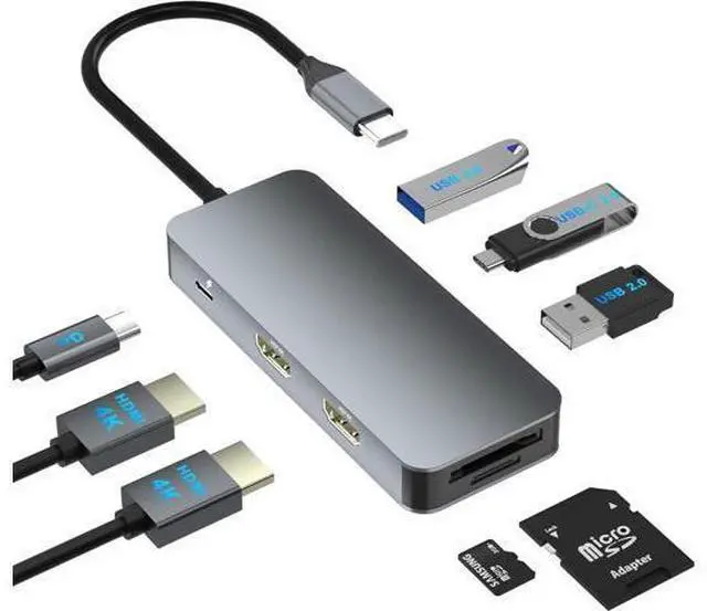 Main image of Docking Station Dual Monitor for Dell/HP/Lenovo/Mac Laptops, Docking Station Dual Monitor for USB C Laptops, Dual HDMI Adapter for 2 Monitors, 8-in-1 USB C Hub Multi-Port Adapter with HDMI/USB/PD/SD/T