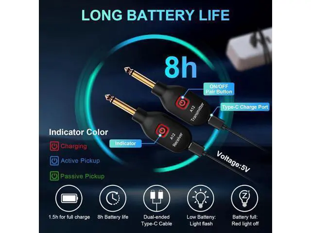 Alt view image 4 of 7 - A12 Wireless Guitar Transmitter Receiver - 2.4GHz System, 24-bit 48KHz Audio, 100-Foot Range, No Latency, Rechargeable, Easy Pairing of Electric Guitar and Bass - Black