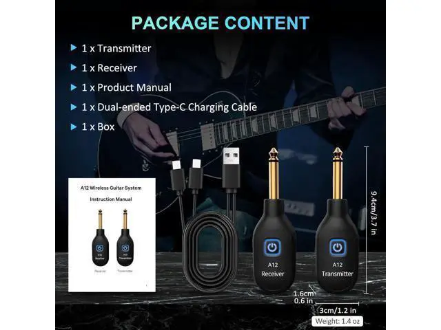 Alt view image 5 of 7 - A12 Wireless Guitar Transmitter Receiver - 2.4GHz System, 24-bit 48KHz Audio, 100-Foot Range, No Latency, Rechargeable, Easy Pairing of Electric Guitar and Bass - Black