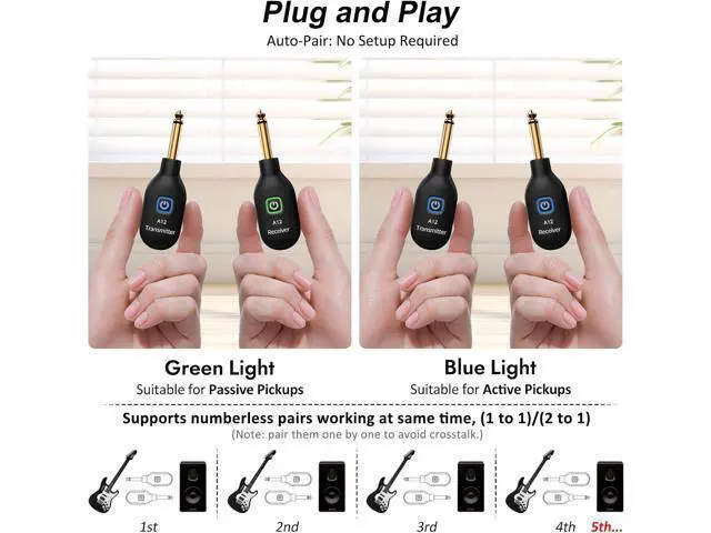 Alt view image 6 of 7 - A12 Wireless Guitar Transmitter Receiver - 2.4GHz System, 24-bit 48KHz Audio, 100-Foot Range, No Latency, Rechargeable, Easy Pairing of Electric Guitar and Bass - Black